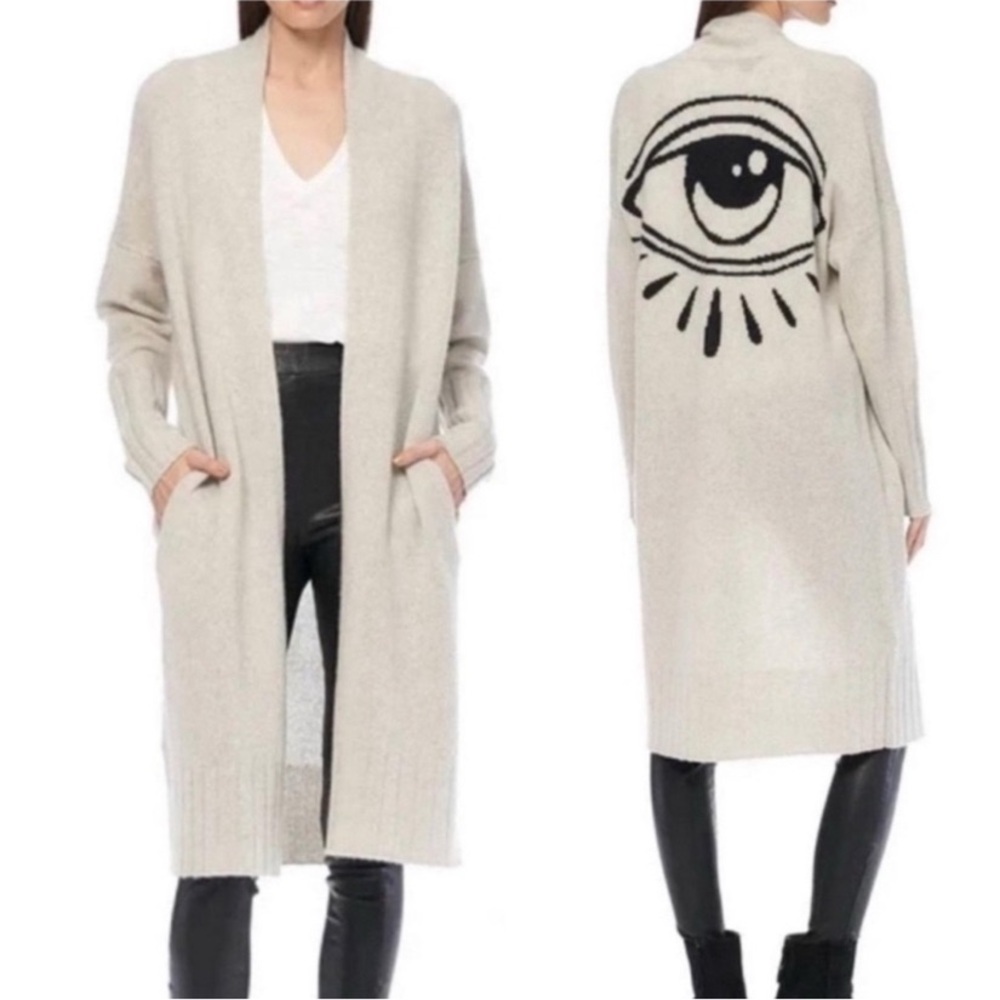 Skull Cashmere Jansen Eye Cardigan Duster Sweater Open Front Long Boho Cream
